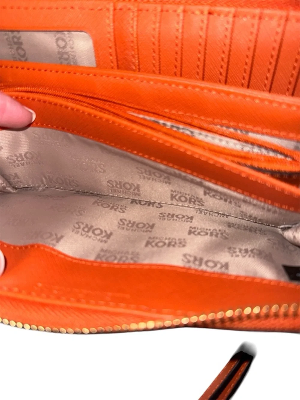 Michael Kors Signature MK Zip Around Wallet with Orange Stripe - Picture 5 of 9